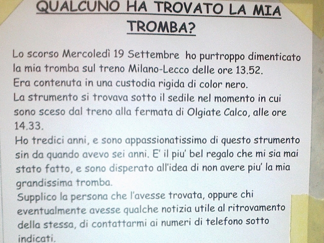 Scorda tromba sul Milano-LeccoAppello di un tredicenne disperato