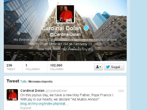 Dolan, un tweet per il nuovo Papa“Francesco, come il santo d’Assisi”