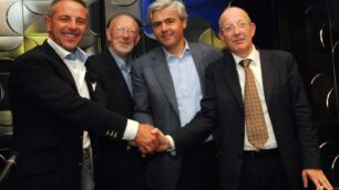 Carate al ballottaggio: da sinistra Massimo Roncalli, Italo Corbetta e i due sfidanti al ballottaggio, Francesco Paoletti e Luigi Nava
