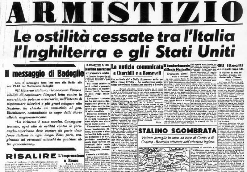 La prima pagina del Corriere della sera il giorno dopo l’armistizio dell’8  settembre 1943