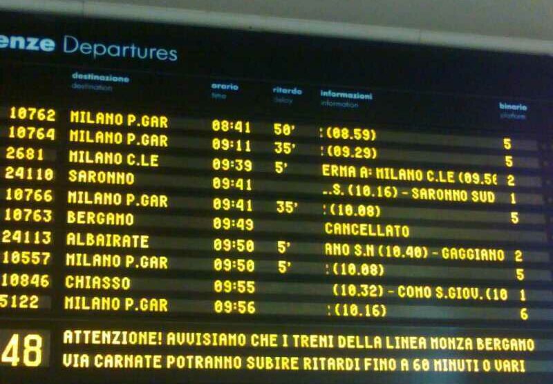 Il tabellone degli orari  alla stazione di Monza