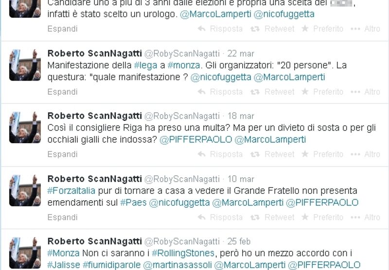 L’elenco dei tweet di ScanNagatti, il profilo fake su Twitter del sindaco di Monza