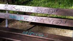 Le panchine già ricoperte di scritte ai Boschetti reali di Monza