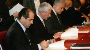 Di Pietro con l’ex sindaco di Monza Michele Faglia e Formigoni alla firma per il tunnel di viale Lombardia