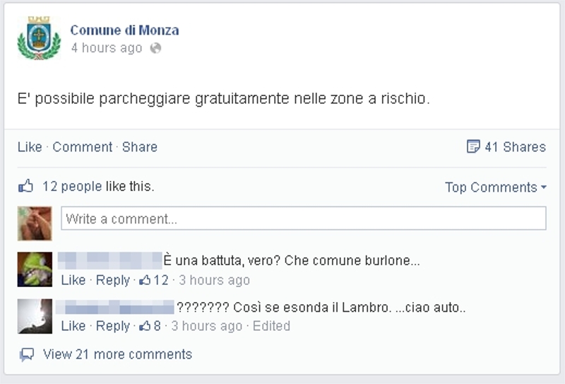 Il messaggio su Facebook