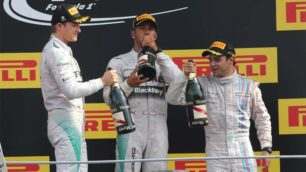 Monza  - Il podio del Gran premio d’Italia F 1 : Rosberg (secondo) Hamilton (primo) e Massa (terzo). Foto Radaelli