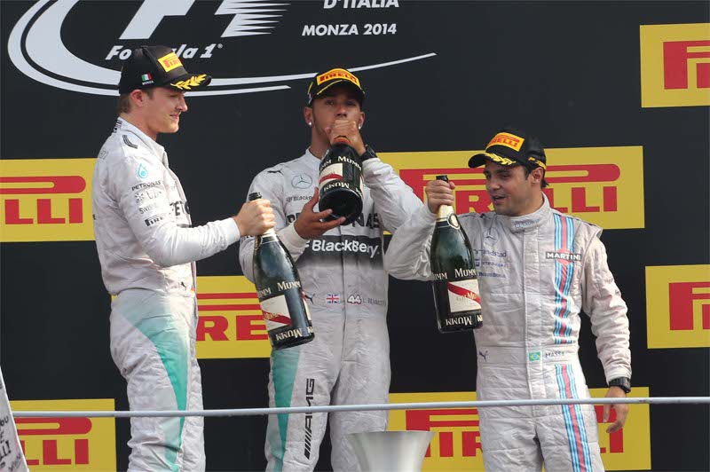 Monza  - Il podio del Gran premio d’Italia F 1 : Rosberg (secondo) Hamilton (primo) e Massa (terzo). Foto Radaelli