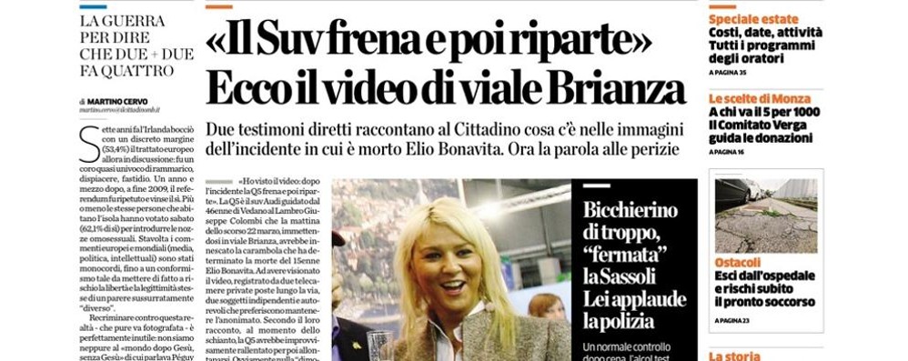 Monza, la prima pagina del Cittadino del 28 maggio 2015