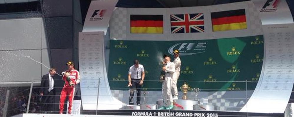Il podio del Gp di Gran Bretagna a Silverstone (foto Scuderia Ferrari su Twitter)