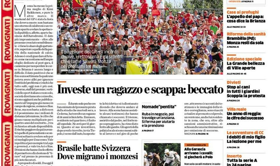 Il futuro del Gran premio e della Villa reale di Monza sul Cittadino di giovedì 10 settembre