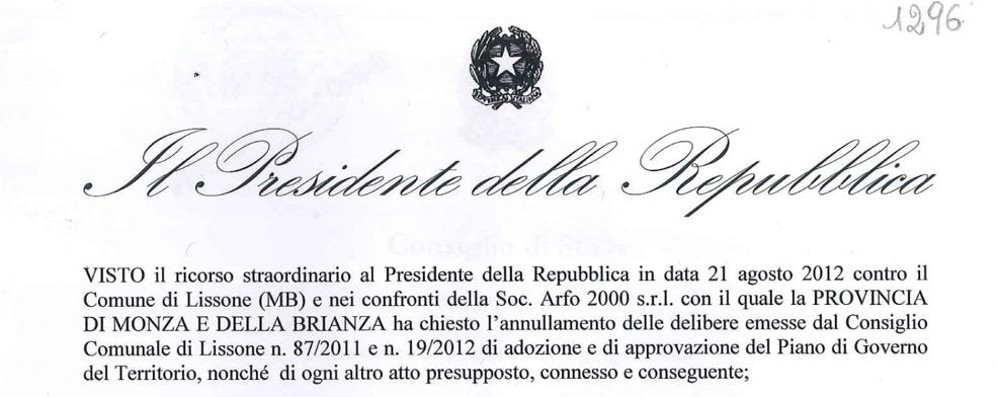 Il decreto che annulla il pgt di Lissone