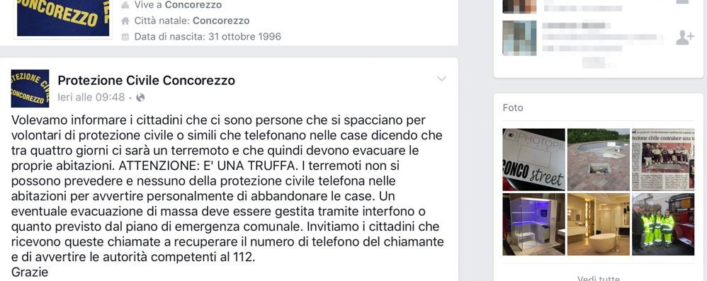 Il post della Protezione civile su  facebook