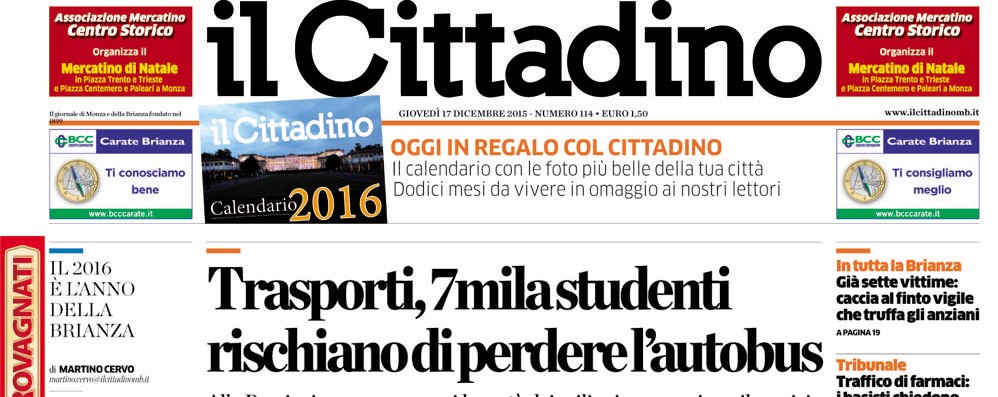 La prima pagina del Cittadino in edicola il 17 dicembre