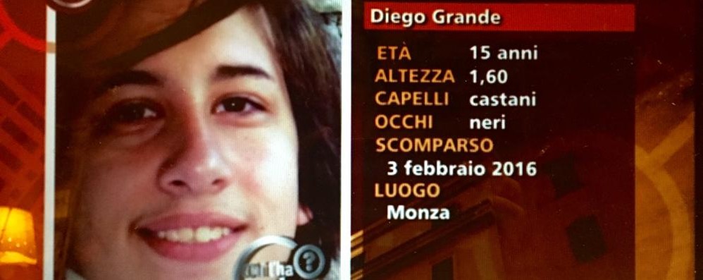 La foto di Diego Grande, il ragazzo scomparso, trasmessa da Chi l’ha visto