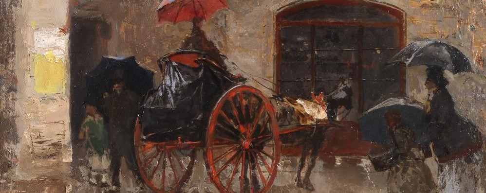 Un particolare di un’opera di Mosé Bianchi: Giorno di pioggia a Milano