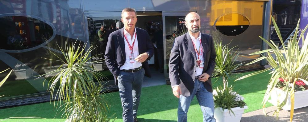 Monza, Gran premio d’Italia 2014: Andrea Dell’Orto e Ivan Capelli poco dopo l’incontro con Bernie Ecclestone