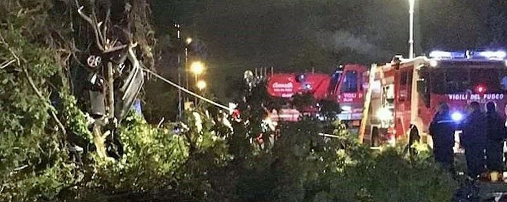 A sinistra, l’auto incastrata tra le fronde dell’albero a Caronno