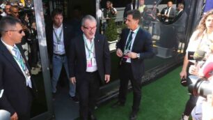 Monza Gran premio Italia 2015 Roberto Maroni con i dirigenti Sias dopo l incontro con Bernie Ecclestone