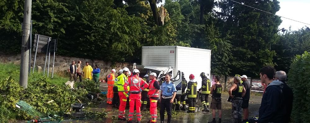 Besana Brianza, il camion e il ramo spezzato dal vento - foto Botto Rossa