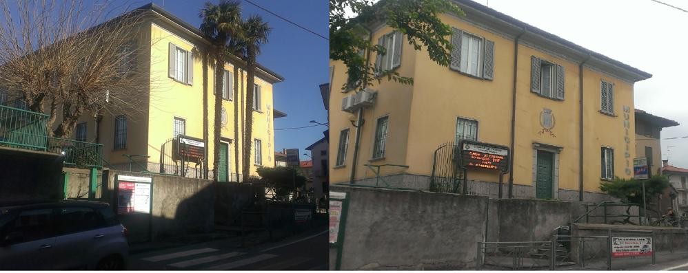 Il municipio di Cogliate con le palme e senza palme