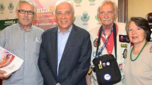 Monza, presentazione Monza Gp 2016: il sindaco Scanagatti con Erminio e Nuccia Ferranti e Franco Bossi, protagonisti della mostra in Galleria Civica