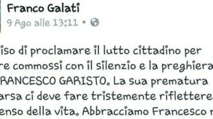 Il messaggio postato su facebook dal sindaco di Zungri per ricordare Francesco Garisto