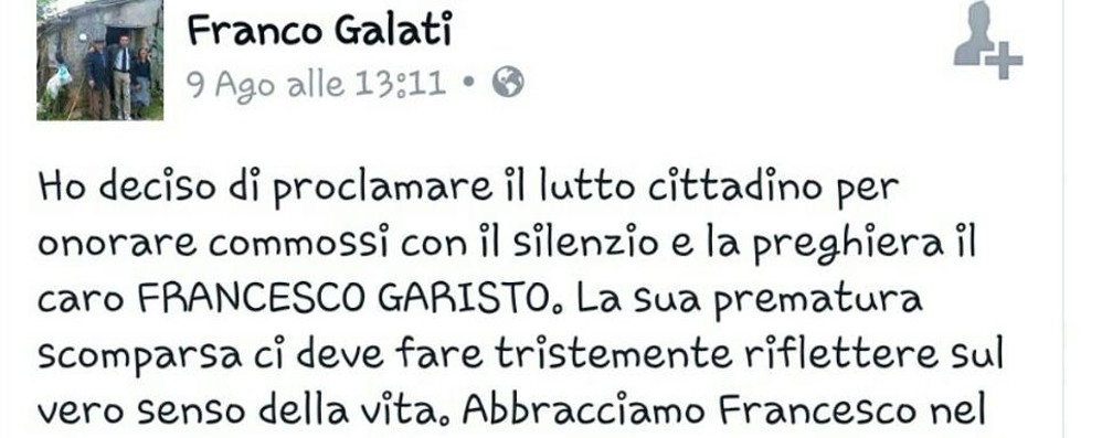 Il messaggio postato su facebook dal sindaco di Zungri per ricordare Francesco Garisto