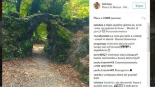 La fotografia del parco di Monza postata dalla modella di Limbiate Linda Morselli nei giorni del Gran premio