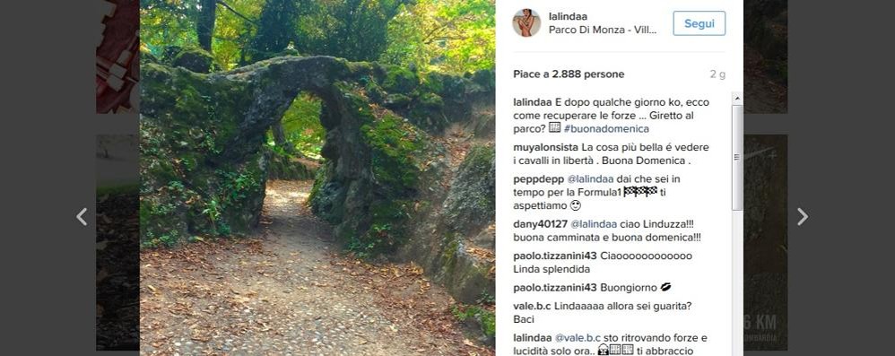 La fotografia del parco di Monza postata dalla modella di Limbiate Linda Morselli nei giorni del Gran premio