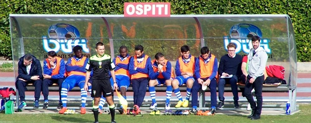 Calcio, il mister del Seregno Matteo Andreoletti in piedi davanti alla sua panchina