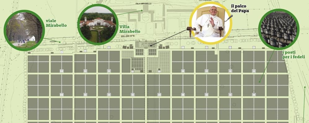 La disposizione dei posti per la messa del Papa a Monza