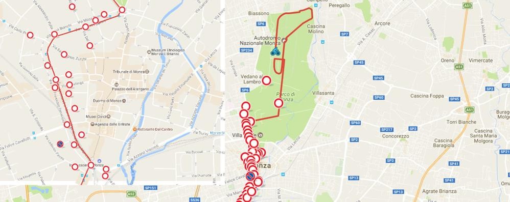 Il percorso nel parco e il dettaglio in centro del Giro d’Italia