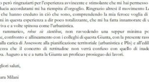 La parte finale della lettera di dimissioni dell’assessore Milani