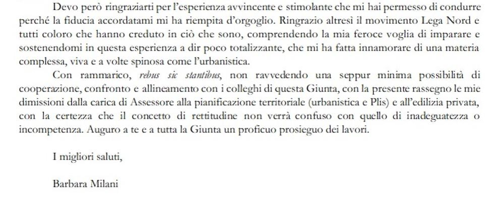 La parte finale della lettera di dimissioni dell’assessore Milani