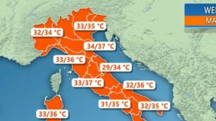 La cartina con le temperature previste per il prossimo fine settimana