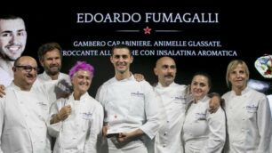 Lo chef Ediardo Fumagalli, al centro, alla cerimonia di ammissione alla finalissima del San Pellegrino Young Chef 2018