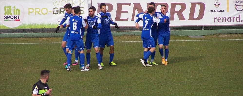 Calcio, Seregno: l 'esultanza azzurra dopo la rete di Matteo Cannizzaro