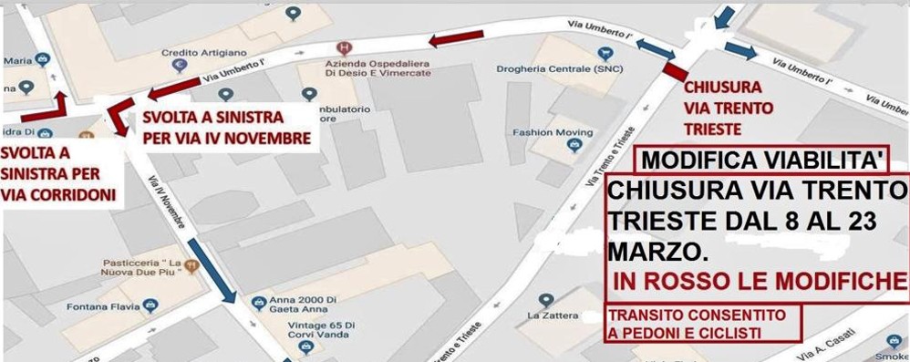 Arcore, le modifiche alla viabilità per la chiusura di via Trento