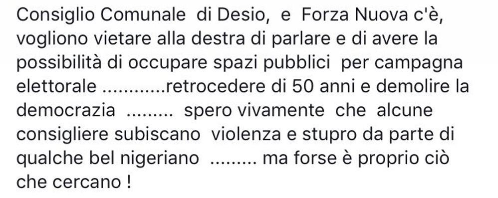 Desio Forza Nuova post su facebook