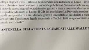 Lettera minacce alla collega Antonella Crippa