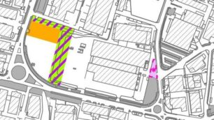 Carate Brianza, zona arancione: area di servizio pubblico (piattaforma); zona verde e viola: Verde pubblico e Parcheggio