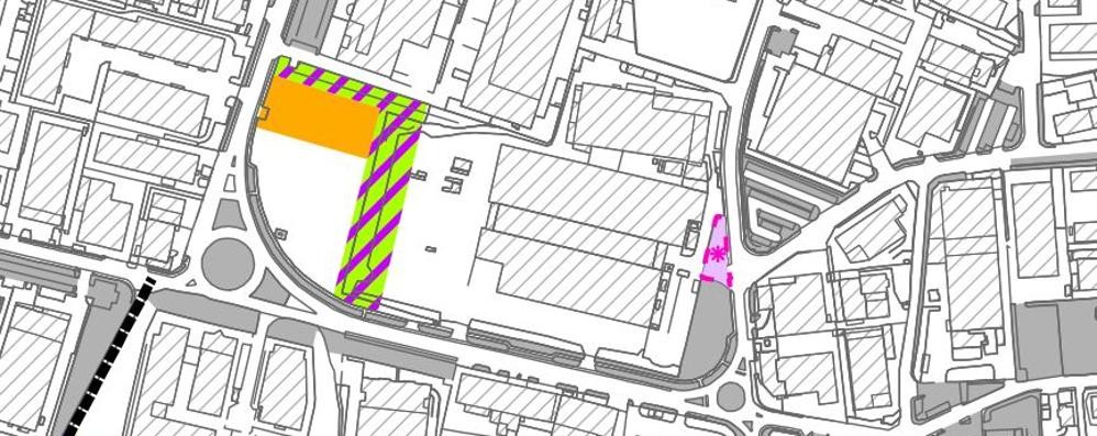 Carate Brianza, zona arancione: area di servizio pubblico (piattaforma); zona verde e viola: Verde pubblico e Parcheggio