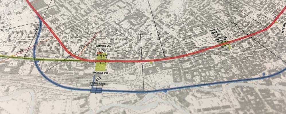 In rosso il tracciato della M5 a Monza in zona stazione