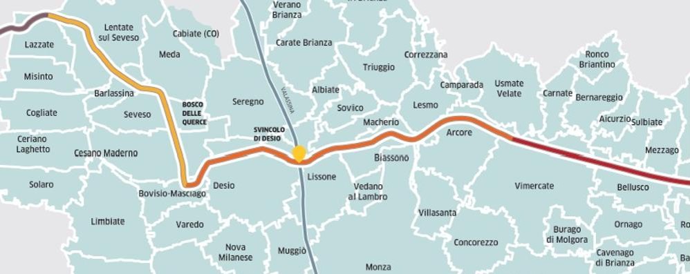 Il tracciato di Pedemontana con l’identificazione del Bosco delle querce, l’area più colpita dalla diossina