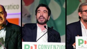 Da sinistra i candidati Zingaretti, Martina e Giachetti