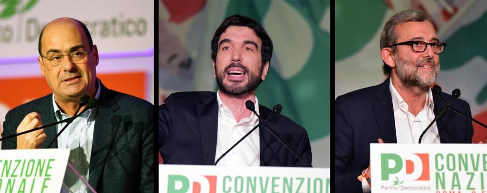 Da sinistra i candidati Zingaretti, Martina e Giachetti