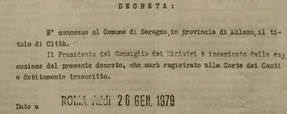 Seregno - Il decreto che ha concesso a Seregno il titolo di città