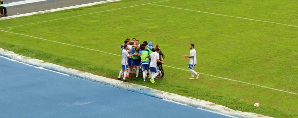 L'esultanza degli azzurri dopo il rigore dell'1-0 firmato da Bertani