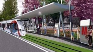 Il rendering di come potrebbe essere una delle fermate della metrotramvia: un rendering postato sui propri canali social dal sindaco di Concorezzo, Mauro Capitanio