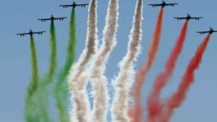 Le Frecce Tricolori in volo su Monza in occasione dell’ultimo Gran Premio di Formula 1